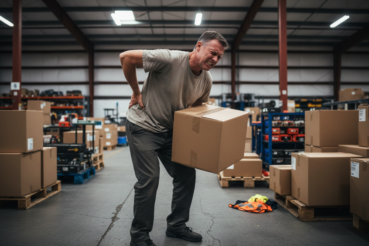 un trabajador cargando cosas pesadas, con dolor lumbar